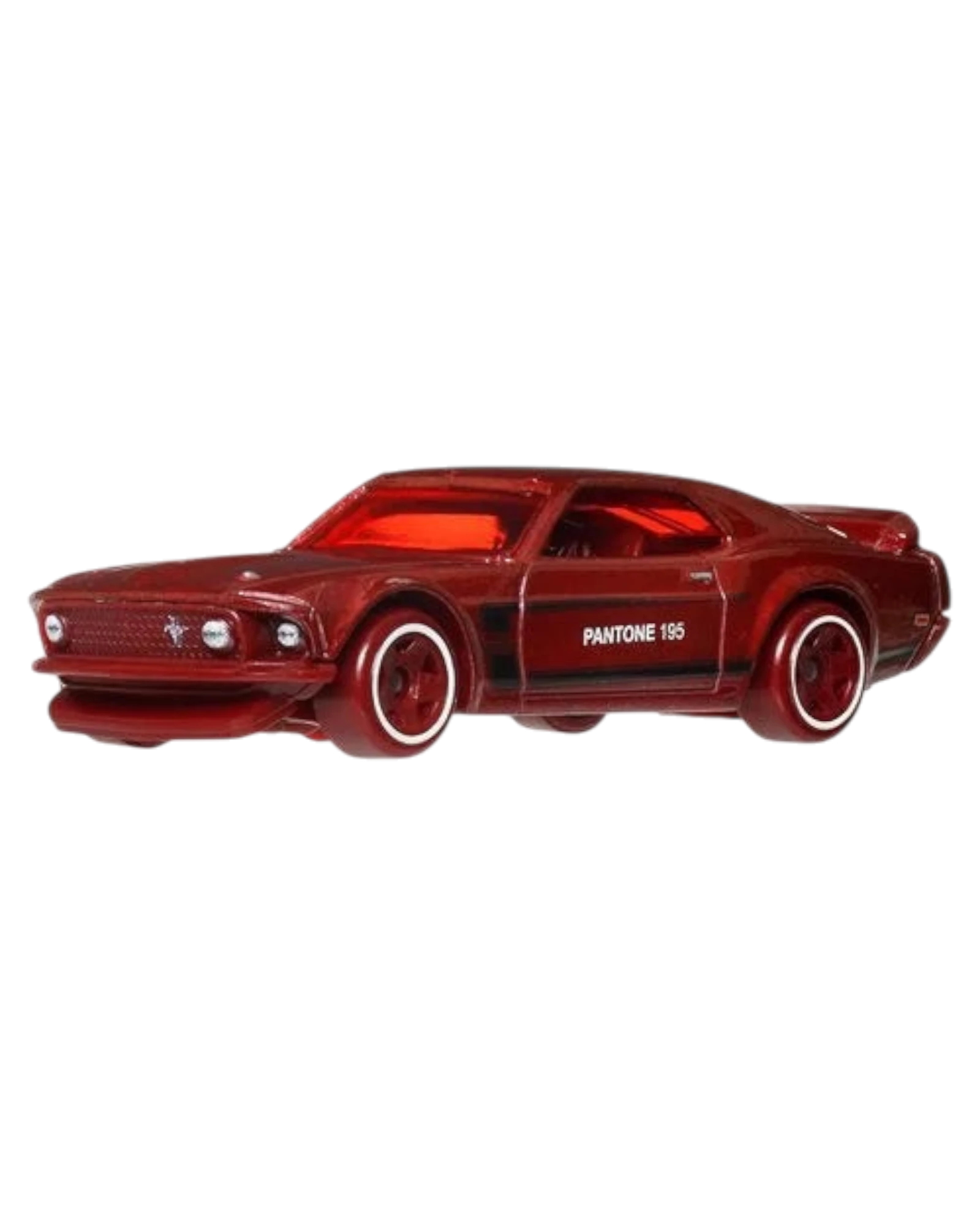 Red toy car with 'Pantone 195' on a white background