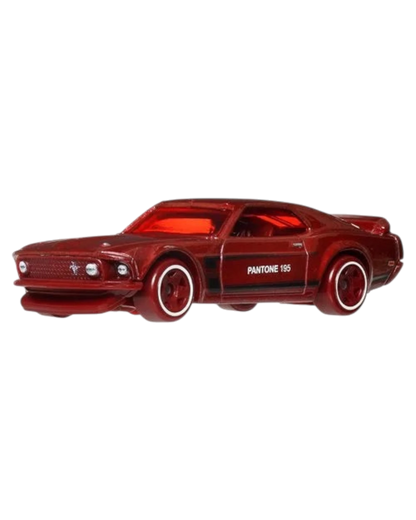 Red toy car with 'Pantone 195' on a white background