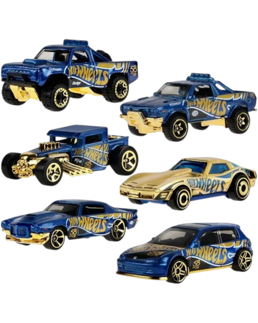 Collection of Hot Wheels toy cars in blue and gold colors on a white background