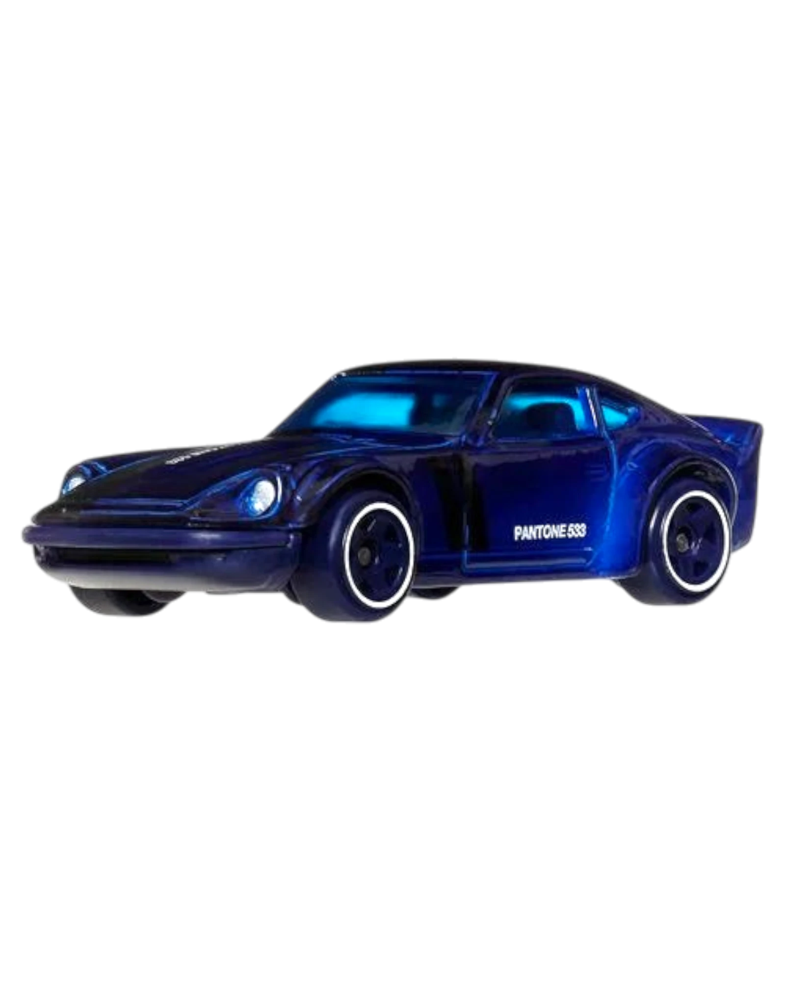 Blue toy car with Pantone 533 text on a white background