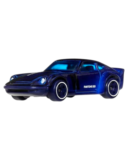 Blue toy car with Pantone 533 text on a white background
