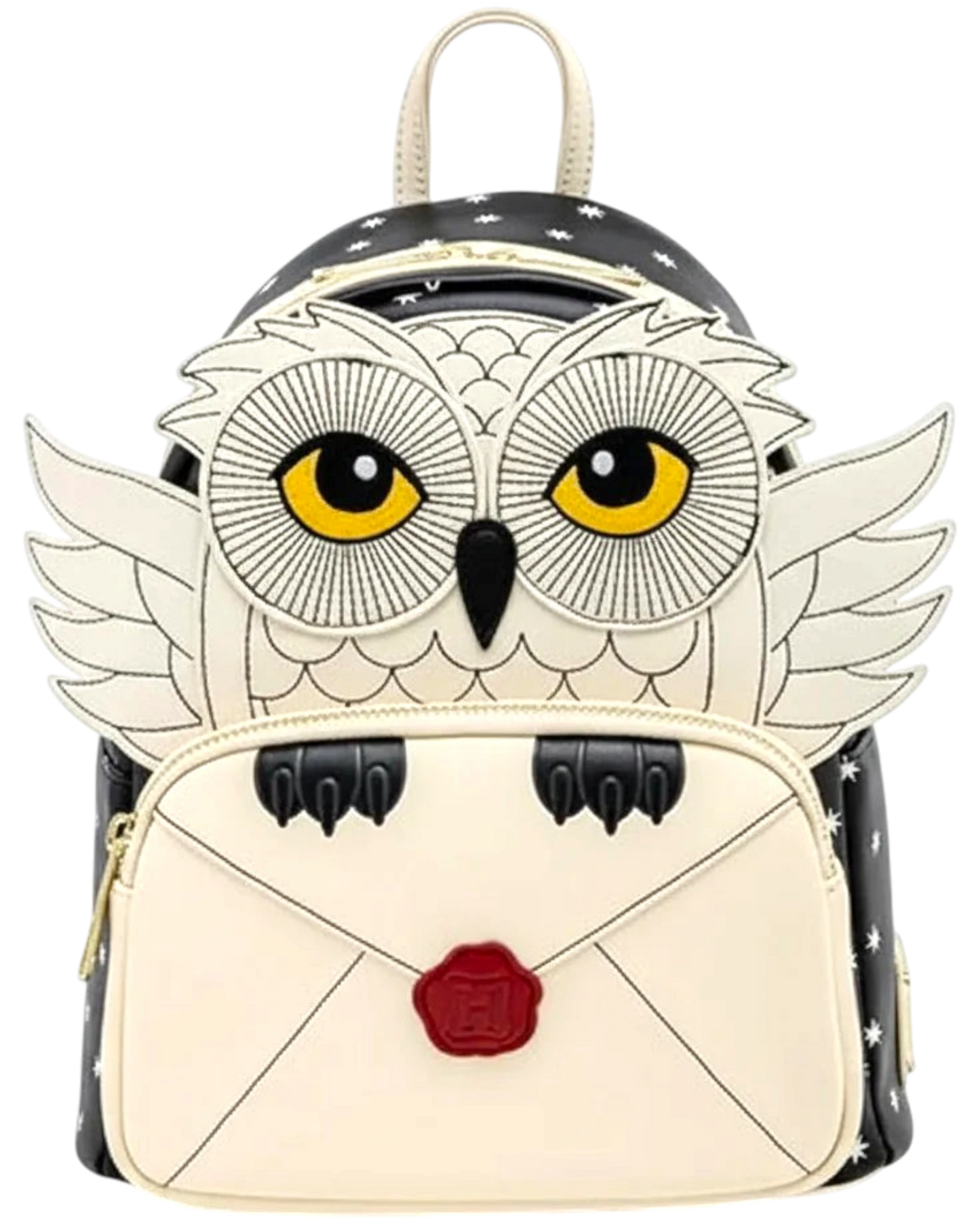 Backpack with owl design and envelope detail on a white background