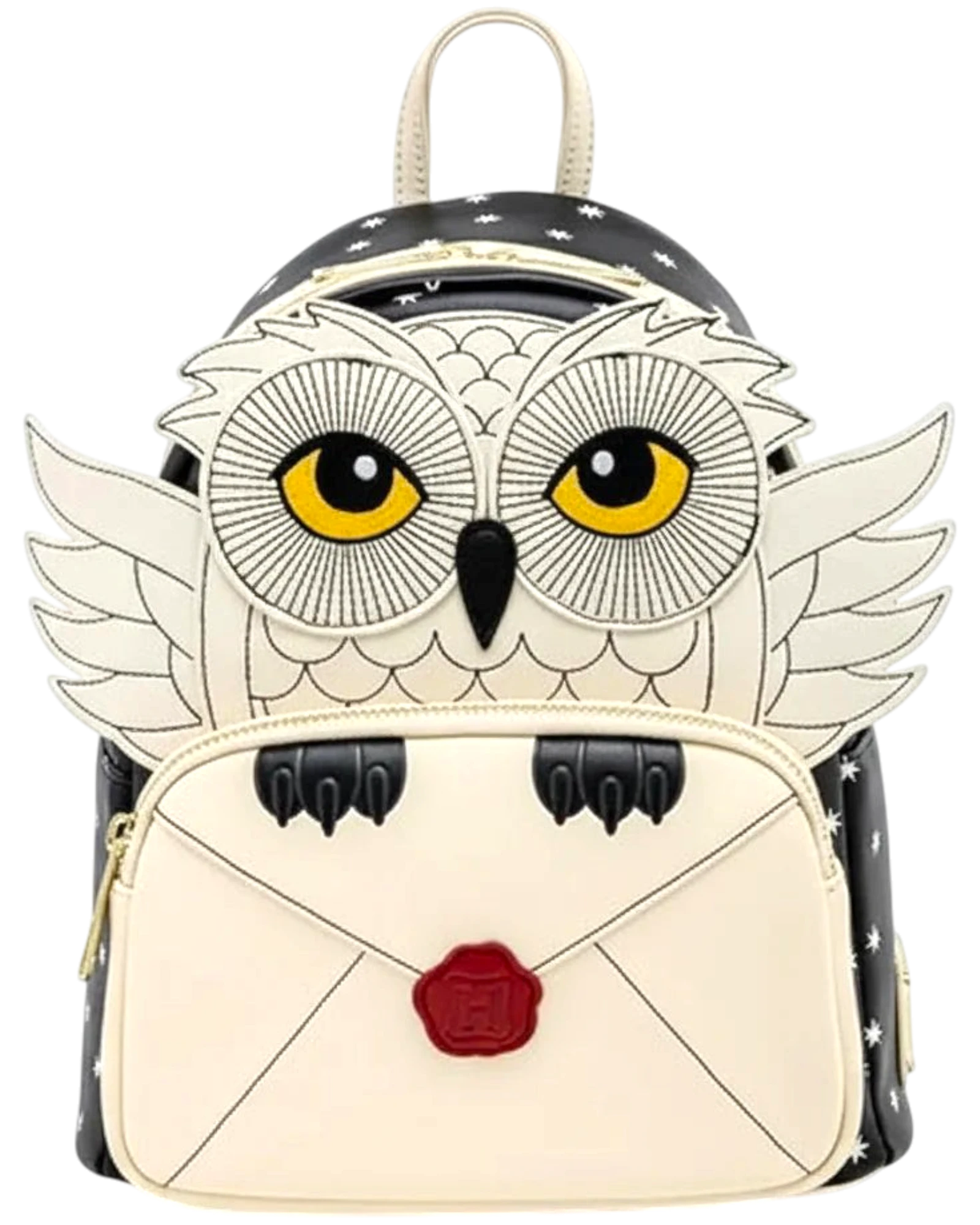 Backpack with owl design and envelope detail on a white background