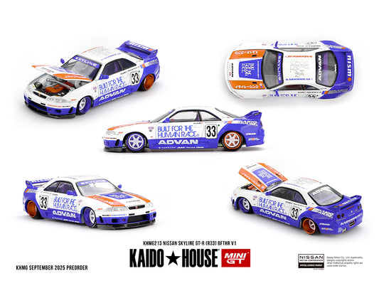 Mini GT x Kaido House Collab Factory Sealed Nissan Skyline GT-R (R33) BFTHR V1 White w/ Blue Two Tone #213