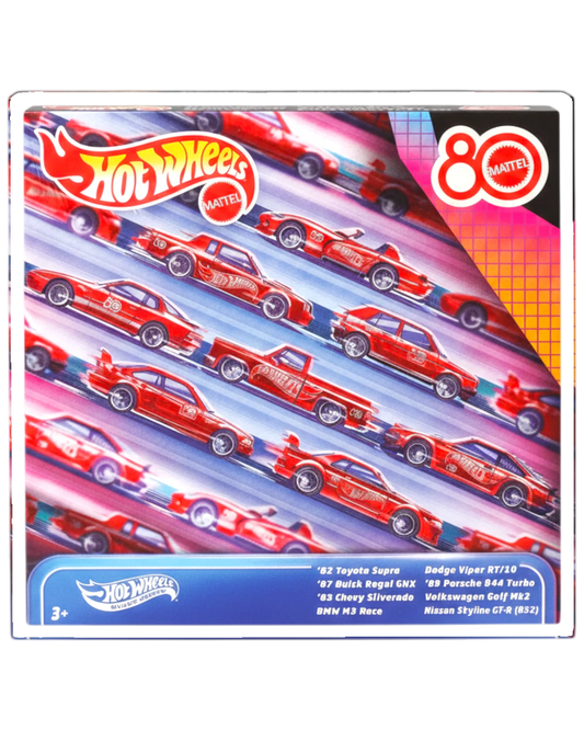 Hot Wheels packaging with red cars and Mattel branding