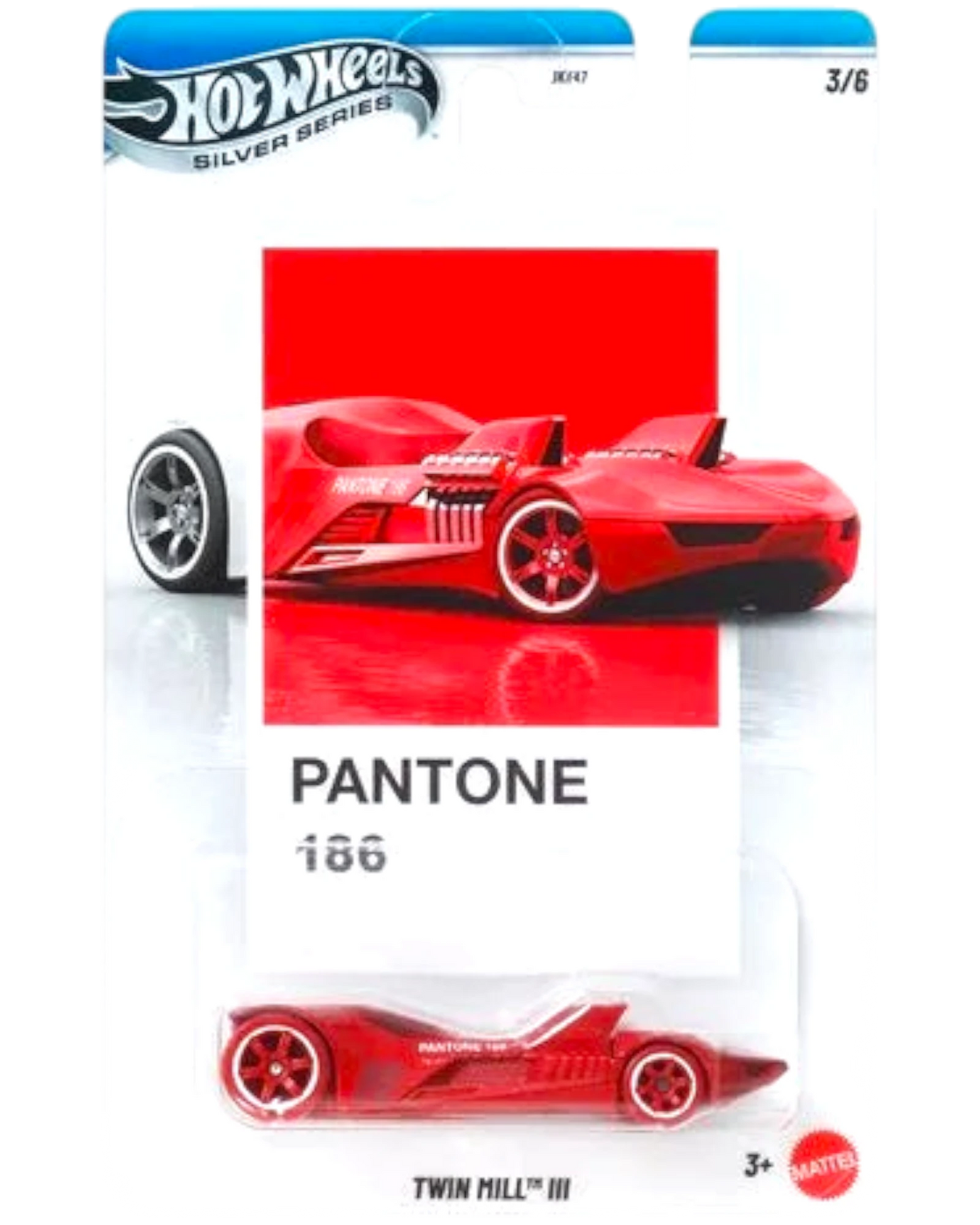 Hot Wheels car in Pantone 186 packaging with red and white design