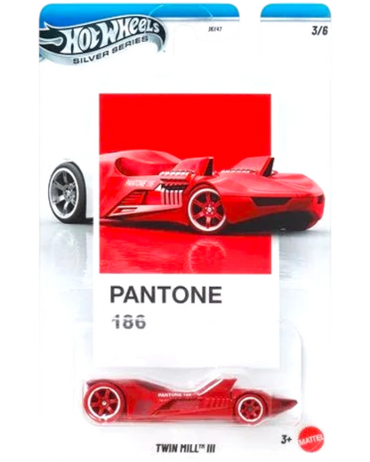 Hot Wheels car in Pantone 186 packaging with red and white design