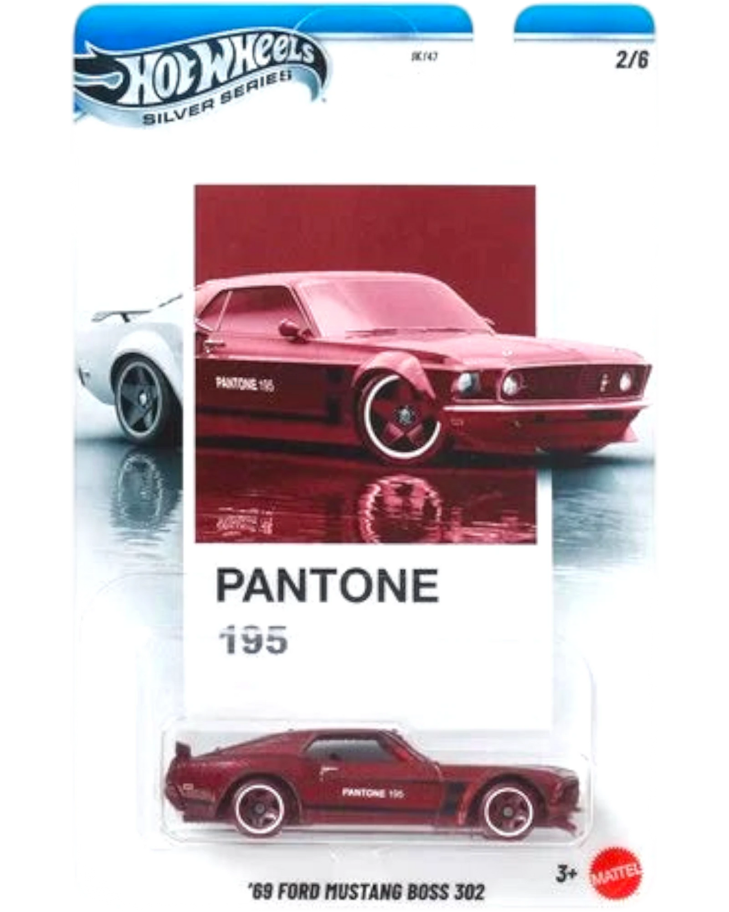 Hot Wheels '69 Ford Mustang Boss 302 model car in Pantone 195 packaging
