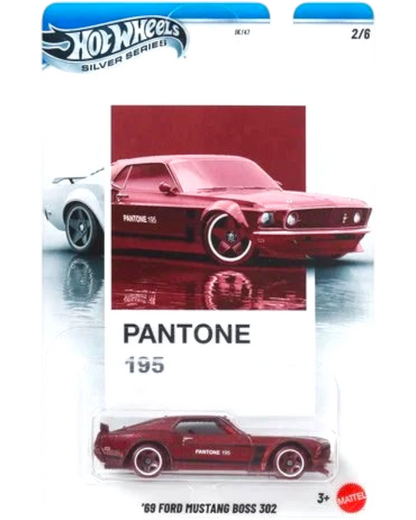 Hot Wheels '69 Ford Mustang Boss 302 model car in Pantone 195 packaging