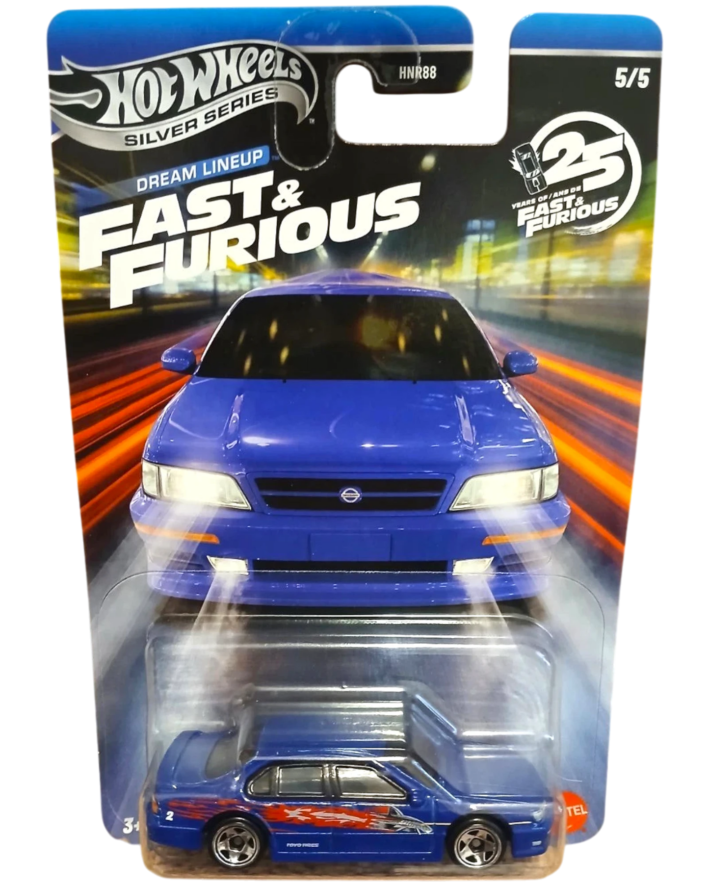 Hot Wheels Silver Series Fast & Furious Dream Lineup blue sedan toy car with red flame graphics.