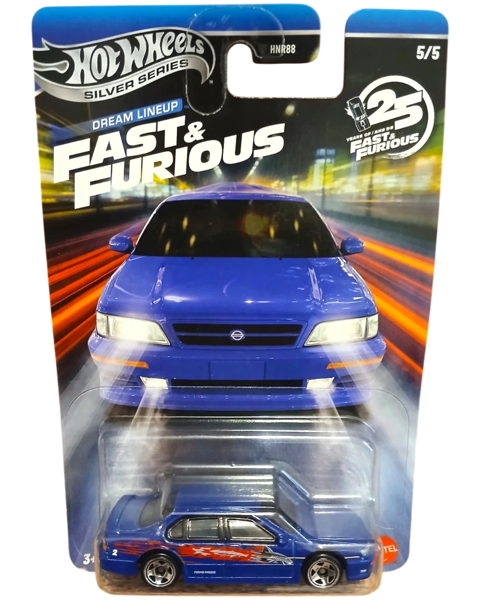 Hot Wheels Silver Series Fast & Furious Dream Lineup blue sedan toy car with red flame graphics.
