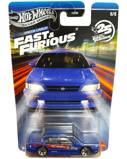 Hot Wheels Silver Series Fast & Furious Dream Lineup blue sedan toy car with red flame graphics.
