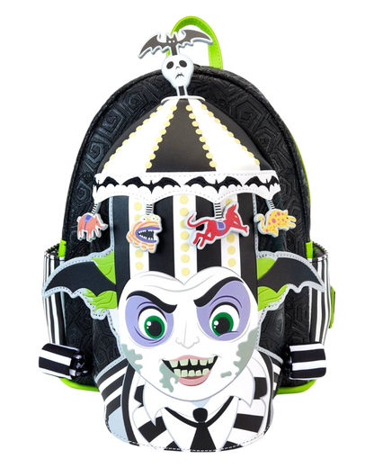 Loungefly Beetlejuice carousel mini-backpack with light-up feature, black and white stripes, and character appliques.