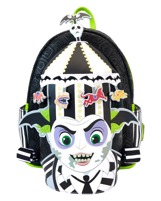 Loungefly Beetlejuice carousel mini-backpack with light-up feature, black and white stripes, and character appliques.
