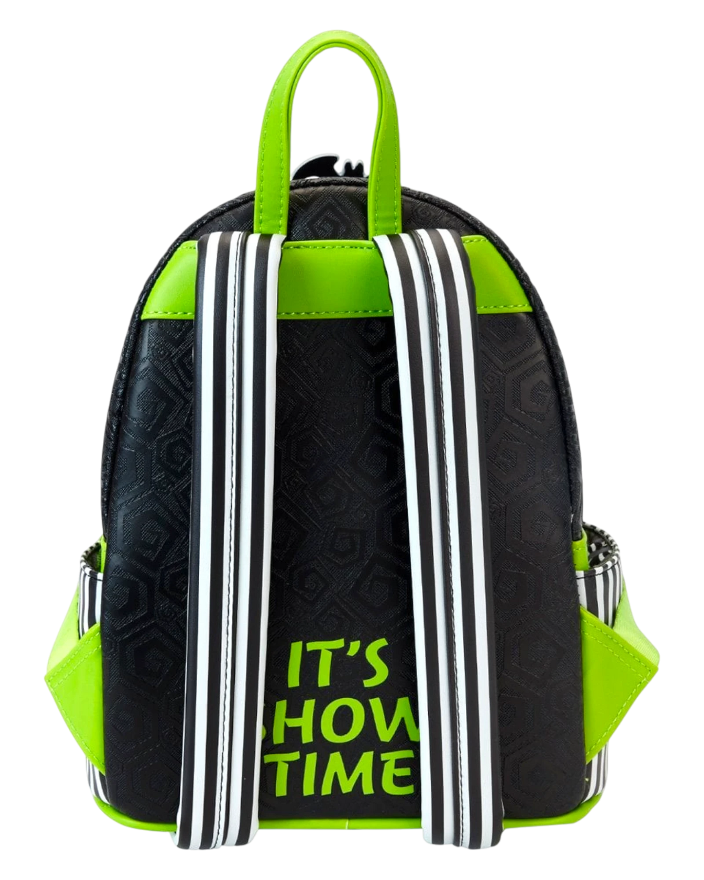 Loungefly Beetlejuice Carousel mini-backpack with black, lime green, and white stripes. Features "It's Show Time" text.