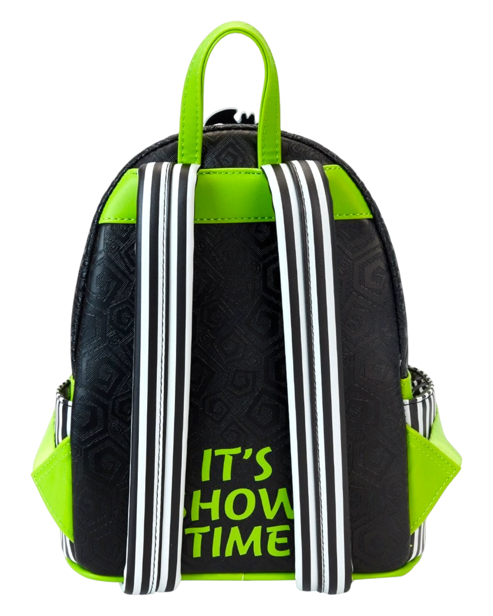 Loungefly Beetlejuice Carousel mini-backpack with black, lime green, and white stripes. Features "It's Show Time" text.