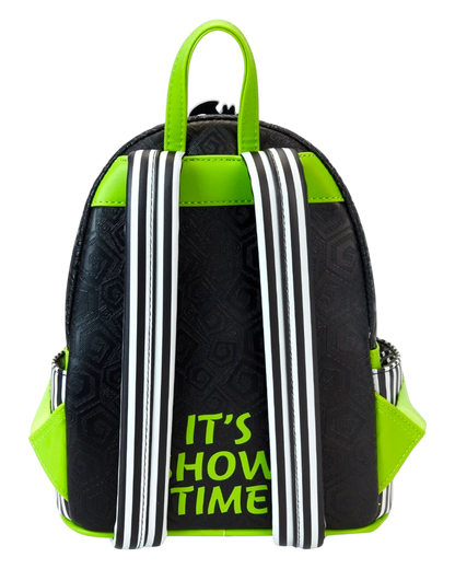 Loungefly Beetlejuice Carousel mini-backpack with black, lime green, and white stripes. Features "It's Show Time" text.