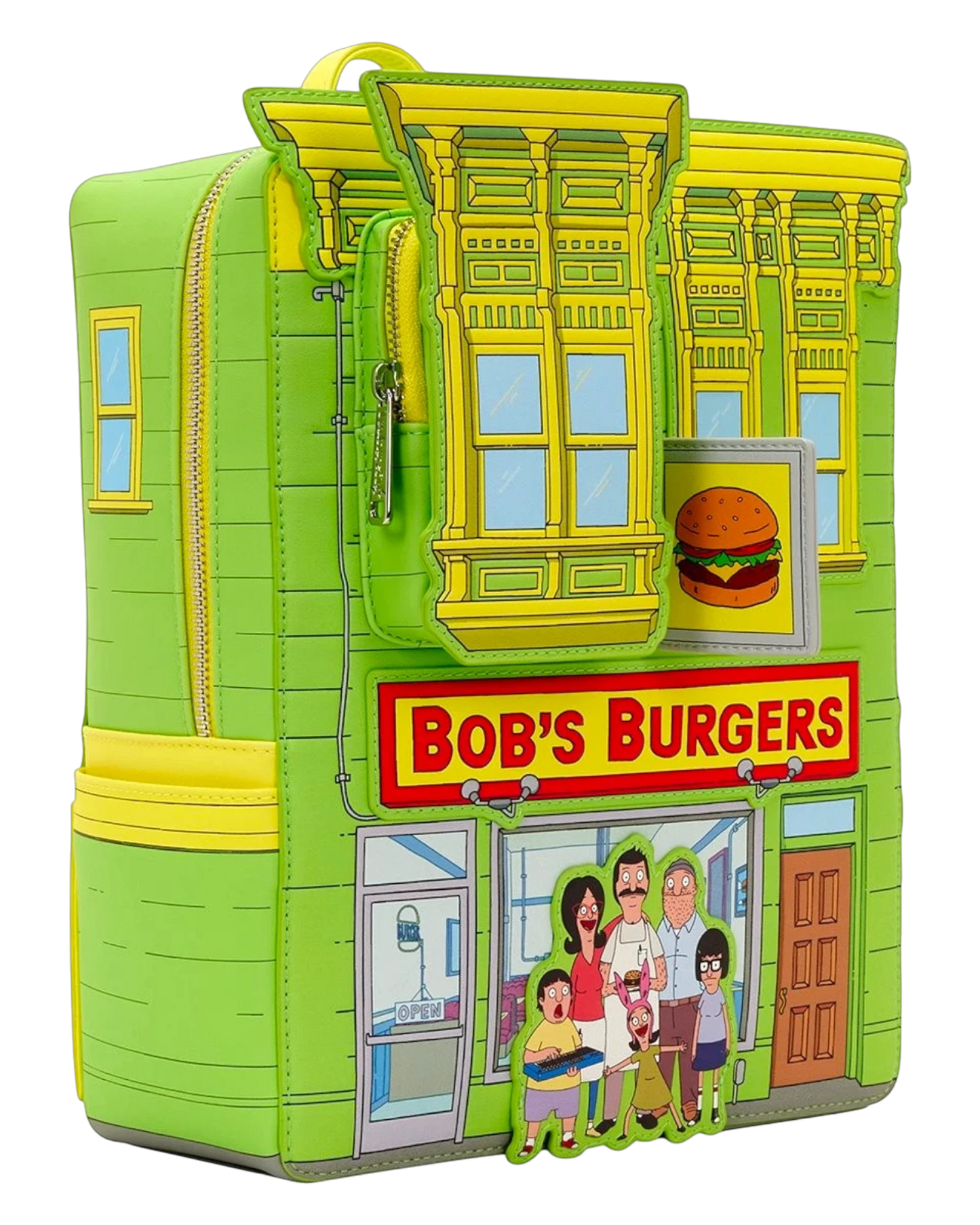 Loungefly Bob's Burgers restaurant mini-backpack in lime green with yellow accents, featuring the Belcher family and restaurant facade.