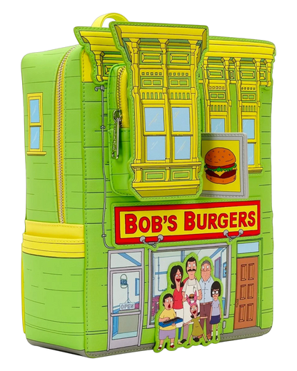 Loungefly Bob's Burgers restaurant mini-backpack in lime green with yellow accents, featuring the Belcher family and restaurant facade.