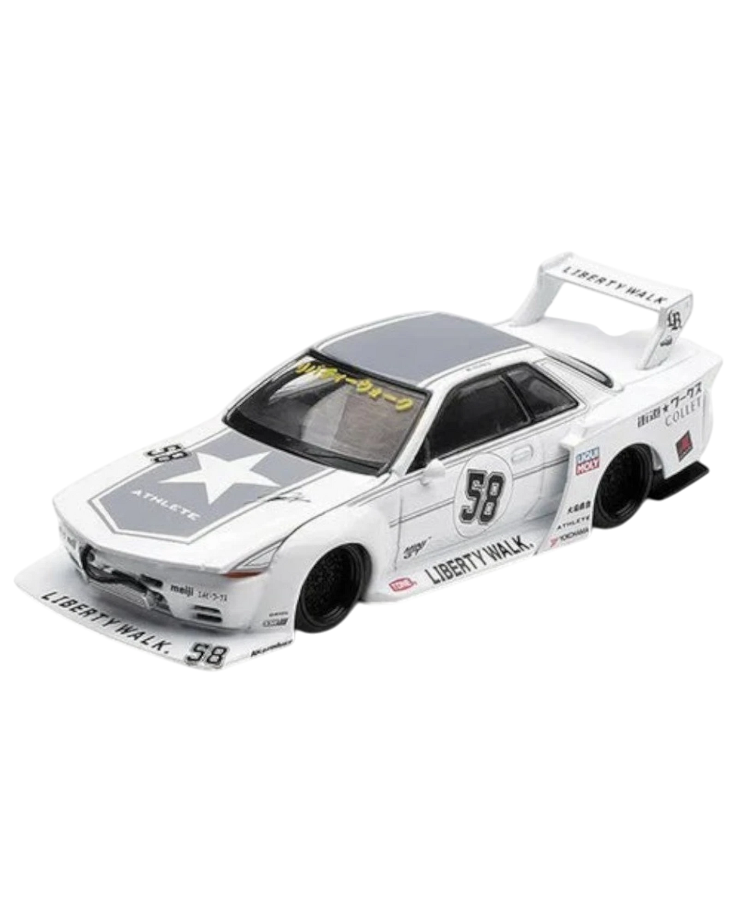 Model car with Liberty Walk branding on a white background, featuring the Mini GT logo.