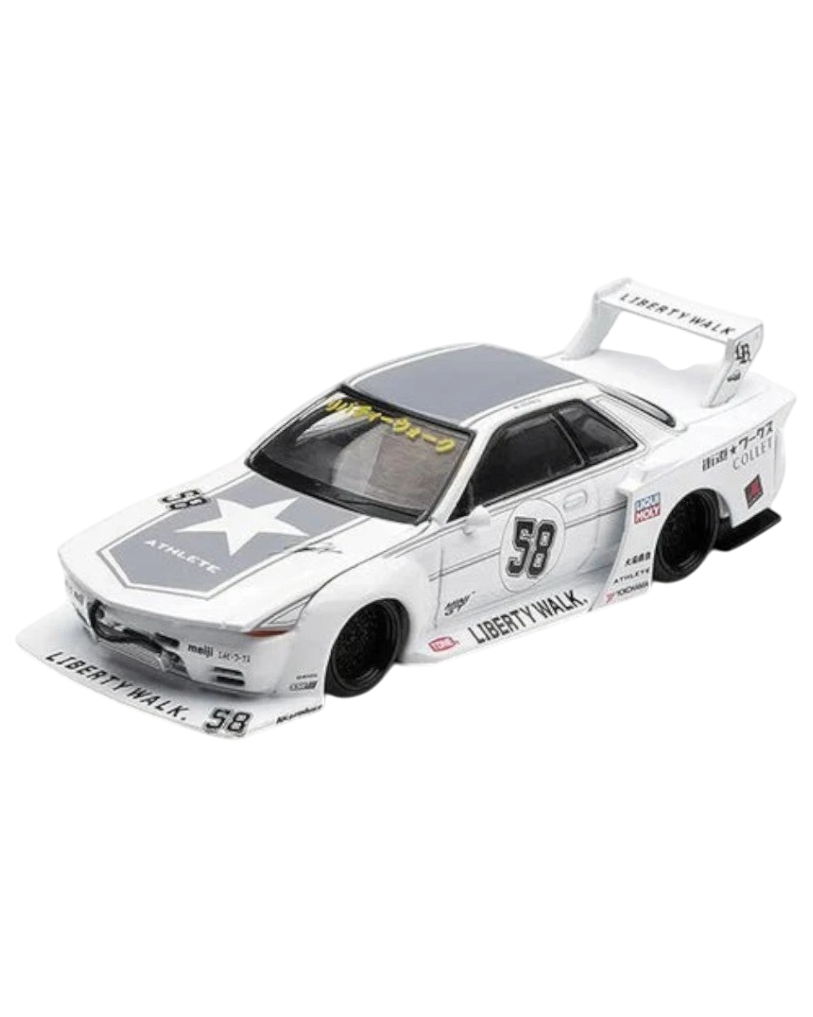 Model car with Liberty Walk branding on a white background, featuring the Mini GT logo.