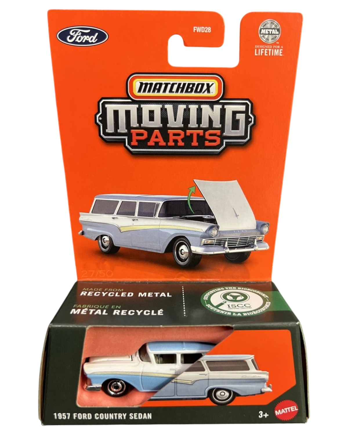 More Than Diecast 2025 Matchbox 1957 Ford Country Sedan die-cast station wagon in blue and white with opening hood.