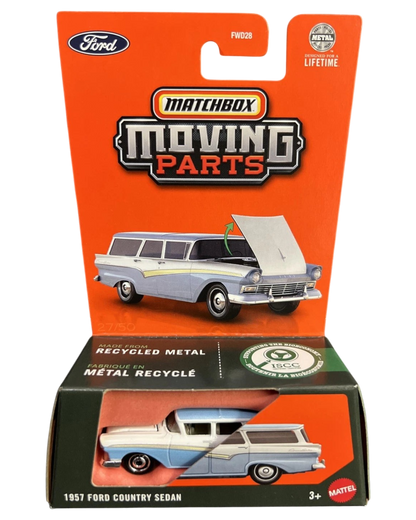 More Than Diecast 2025 Matchbox 1957 Ford Country Sedan die-cast station wagon in blue and white with opening hood.