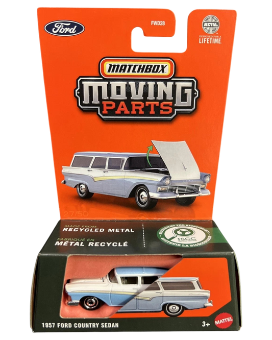 More Than Diecast 2025 Matchbox 1957 Ford Country Sedan die-cast station wagon in blue and white with opening hood.