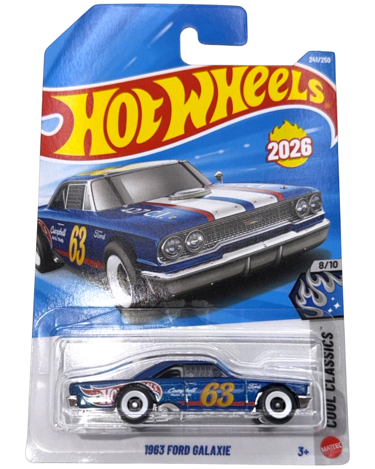 More Than Diecast 2026 Hot Wheels 1963 Ford Galaxie in blue with racing decals, Cool Classics series 1:64 scale car.
