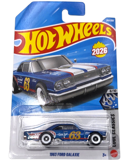 More Than Diecast 2026 Hot Wheels 1963 Ford Galaxie in blue with racing decals, Cool Classics series 1:64 scale car.