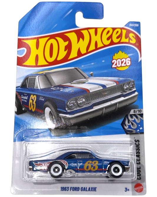 More Than Diecast 2026 Hot Wheels 1963 Ford Galaxie in blue with racing decals, Cool Classics series 1:64 scale car.