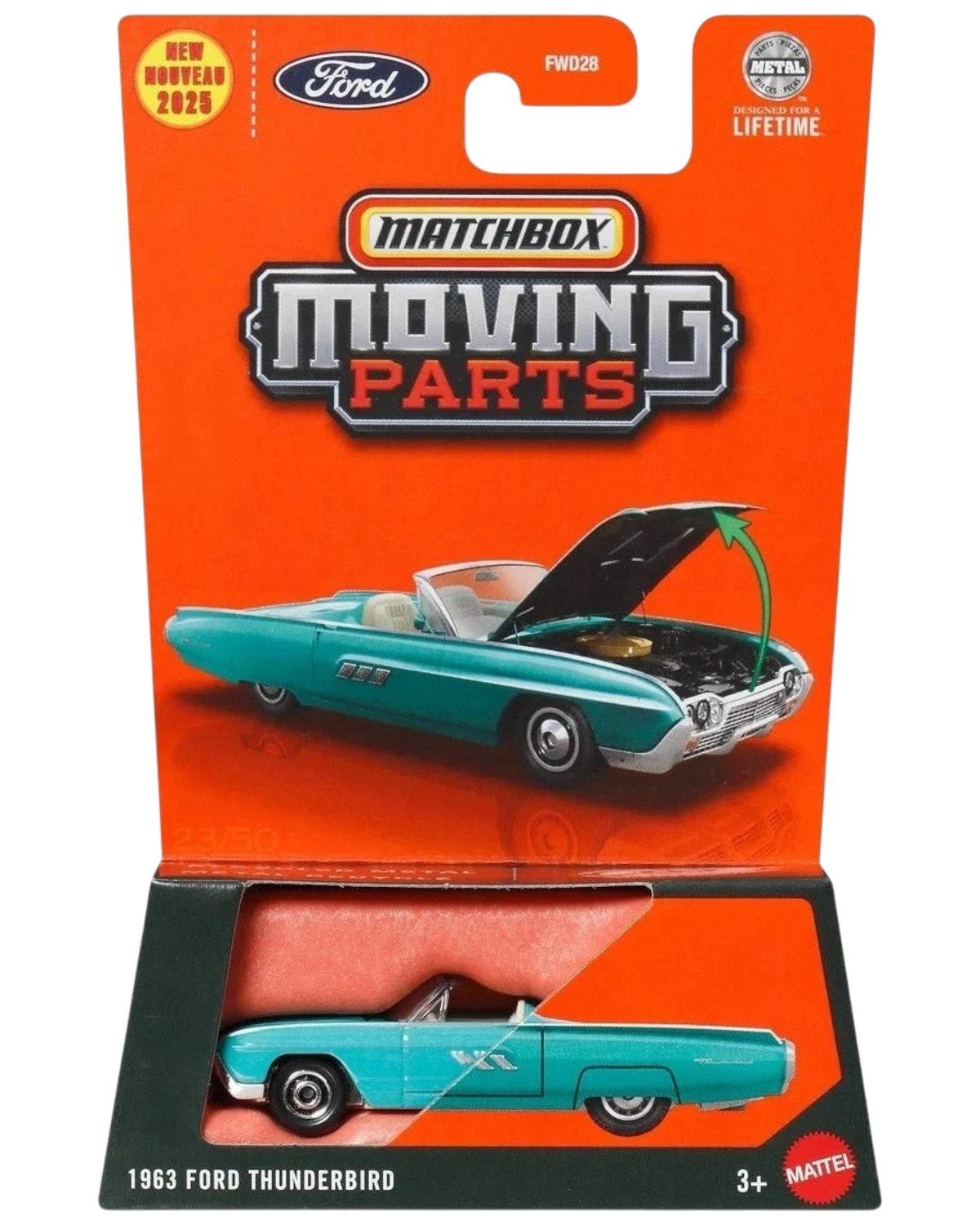 More Than Diecast Matchbox 1963 Ford Thunderbird Moving Parts die-cast car in teal on orange blister card packaging