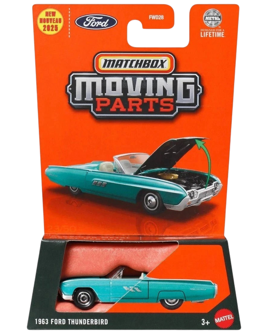 More Than Diecast Matchbox 1963 Ford Thunderbird Moving Parts die-cast car in teal on orange blister card packaging