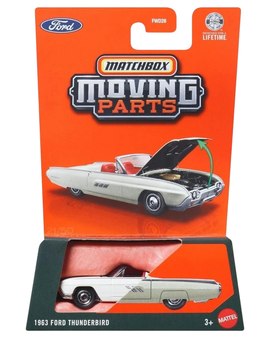 More Than Diecast 1963 Ford Thunderbird Matchbox Moving Parts die-cast car in white and silver on blister card