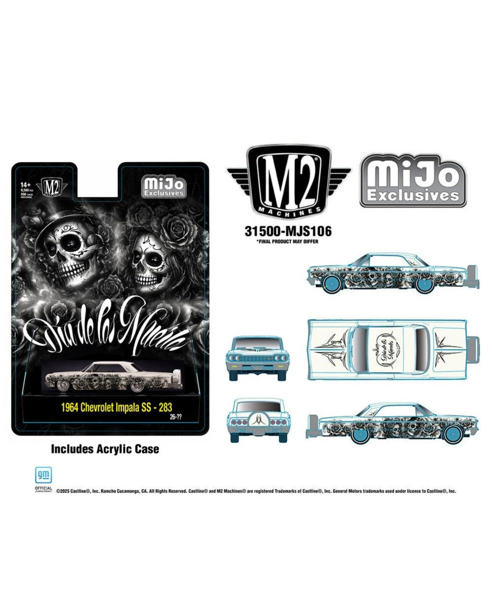 More Than Diecast M2 Machines 1964 Chevrolet Impala SS lowrider with Dias De Los Muertos graphics in pearl white