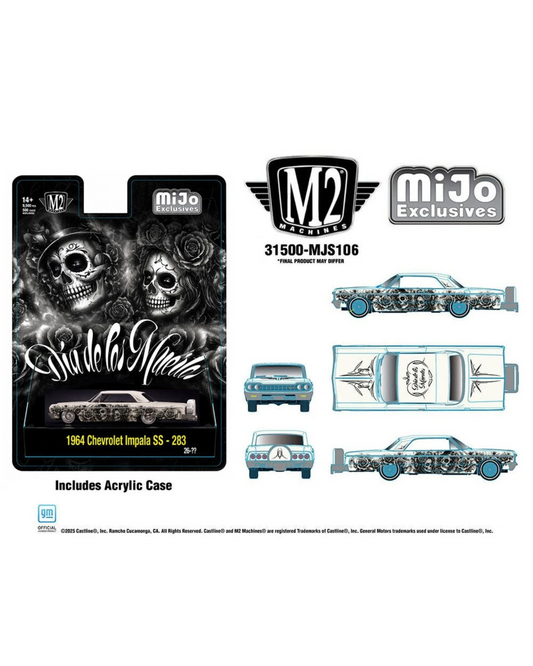 More Than Diecast M2 Machines 1964 Chevrolet Impala SS lowrider with Dias De Los Muertos graphics in pearl white