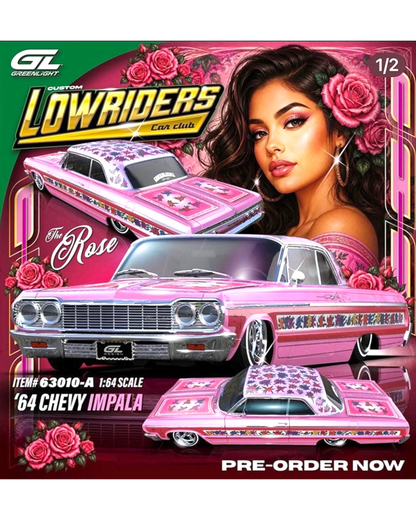 More Than Diecast 1:64 scale 1964 Chevrolet Impala SS Custom Lowrider in rose pink with floral roof and chrome details.