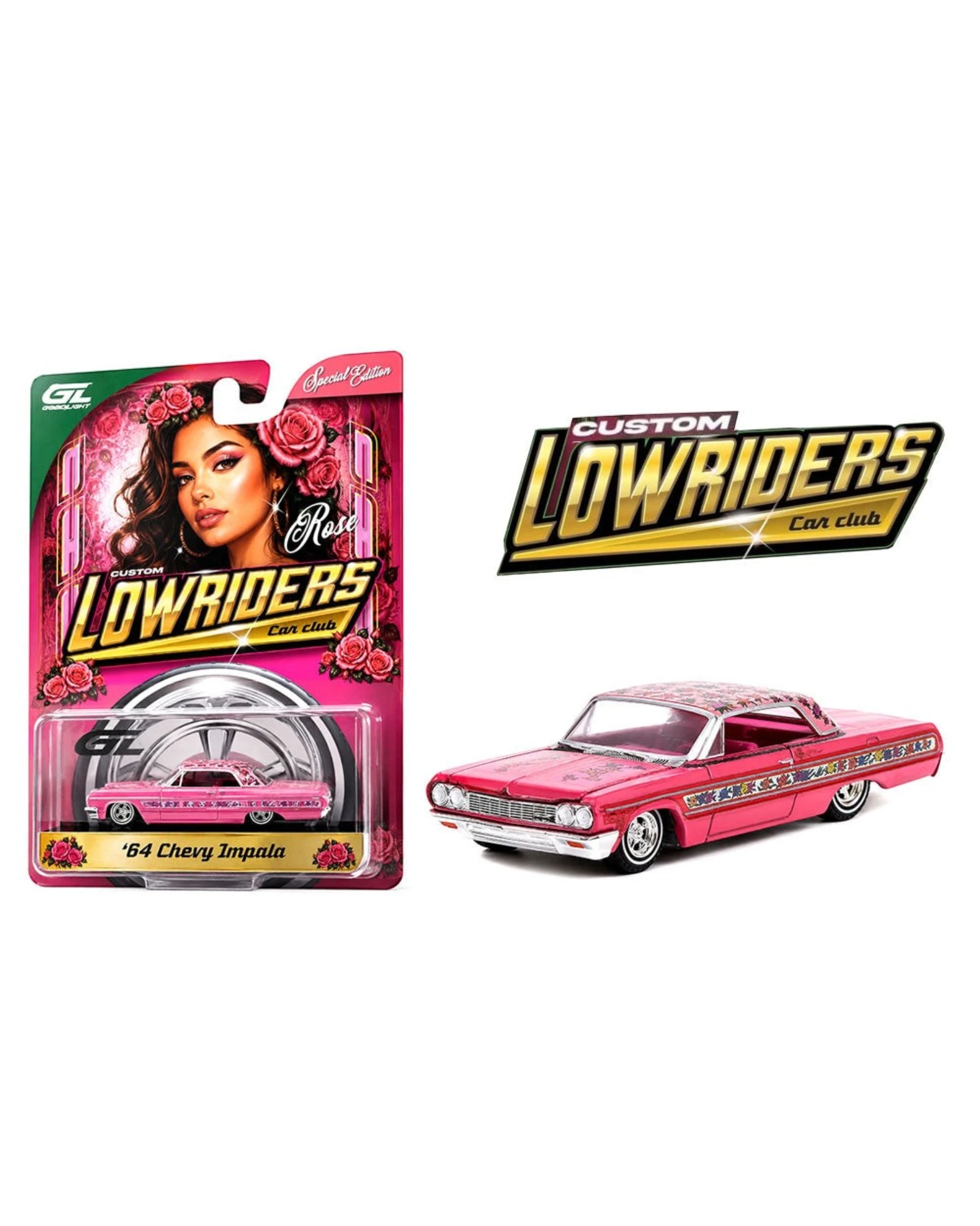 More Than Diecast 1:64 scale rose pink 1964 Chevrolet Impala SS lowrider model car with detailed chrome accents