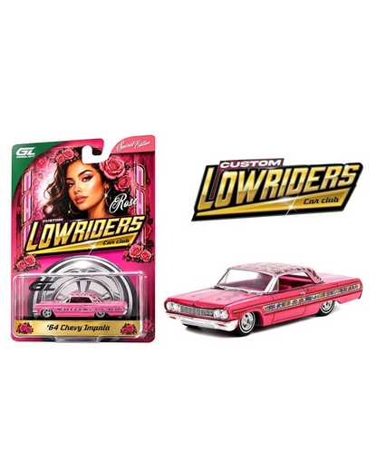 More Than Diecast 1:64 scale rose pink 1964 Chevrolet Impala SS lowrider model car with detailed chrome accents