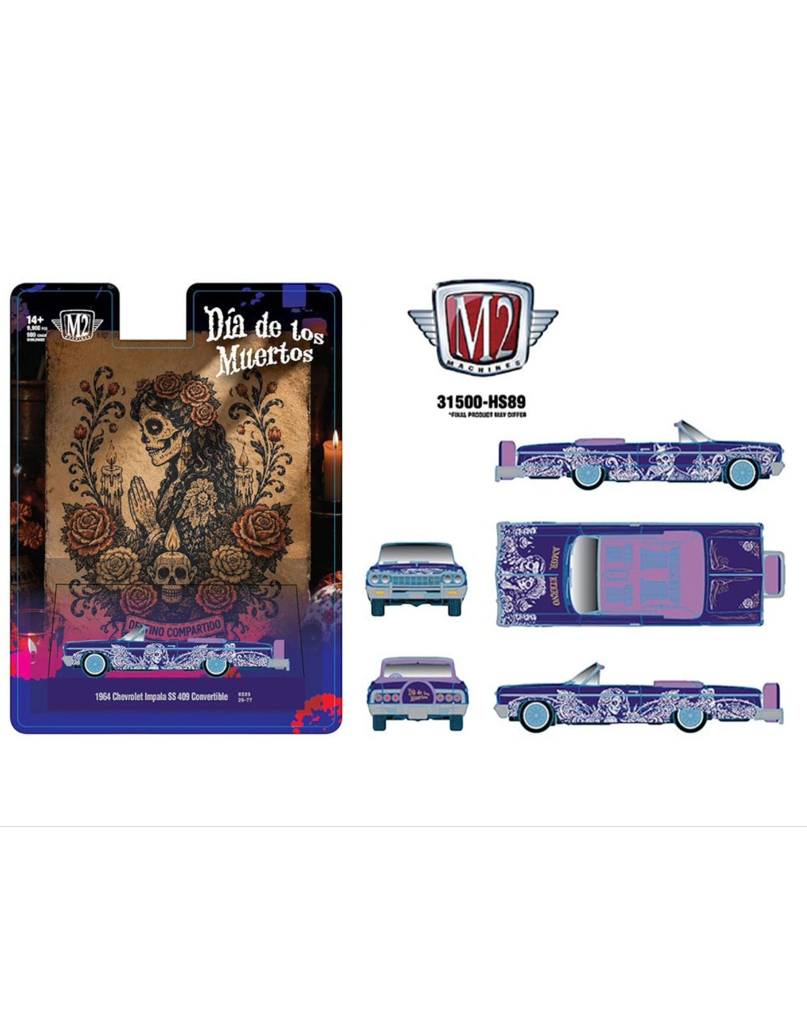 More Than Diecast M2 Machines 1964 Chevrolet Impala SS 409 convertible in purple with Dia De Los Muertos graphics.