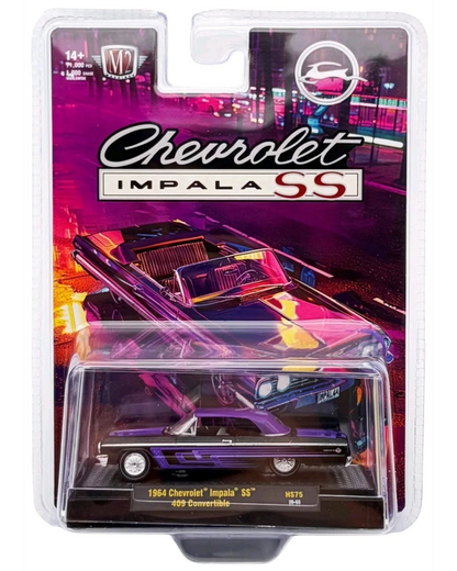 More Than Diecast M2 Machines 1964 Chevy Impala SS 409 convertible die-cast car in black and purple on display card