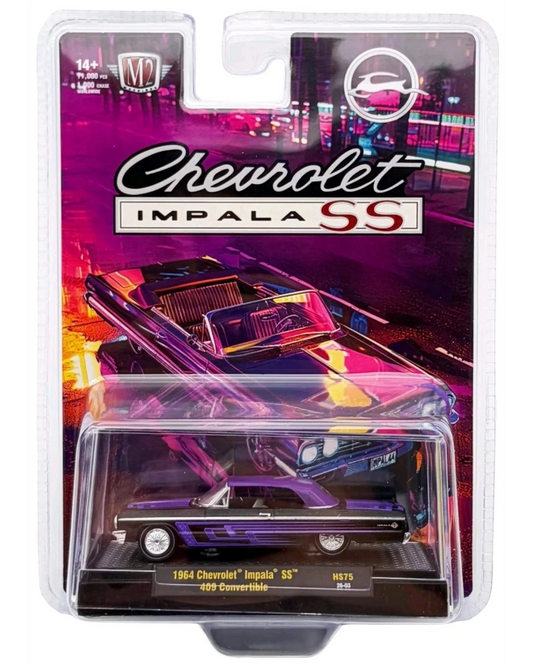 More Than Diecast M2 Machines 1964 Chevy Impala SS 409 convertible die-cast car in black and purple on display card