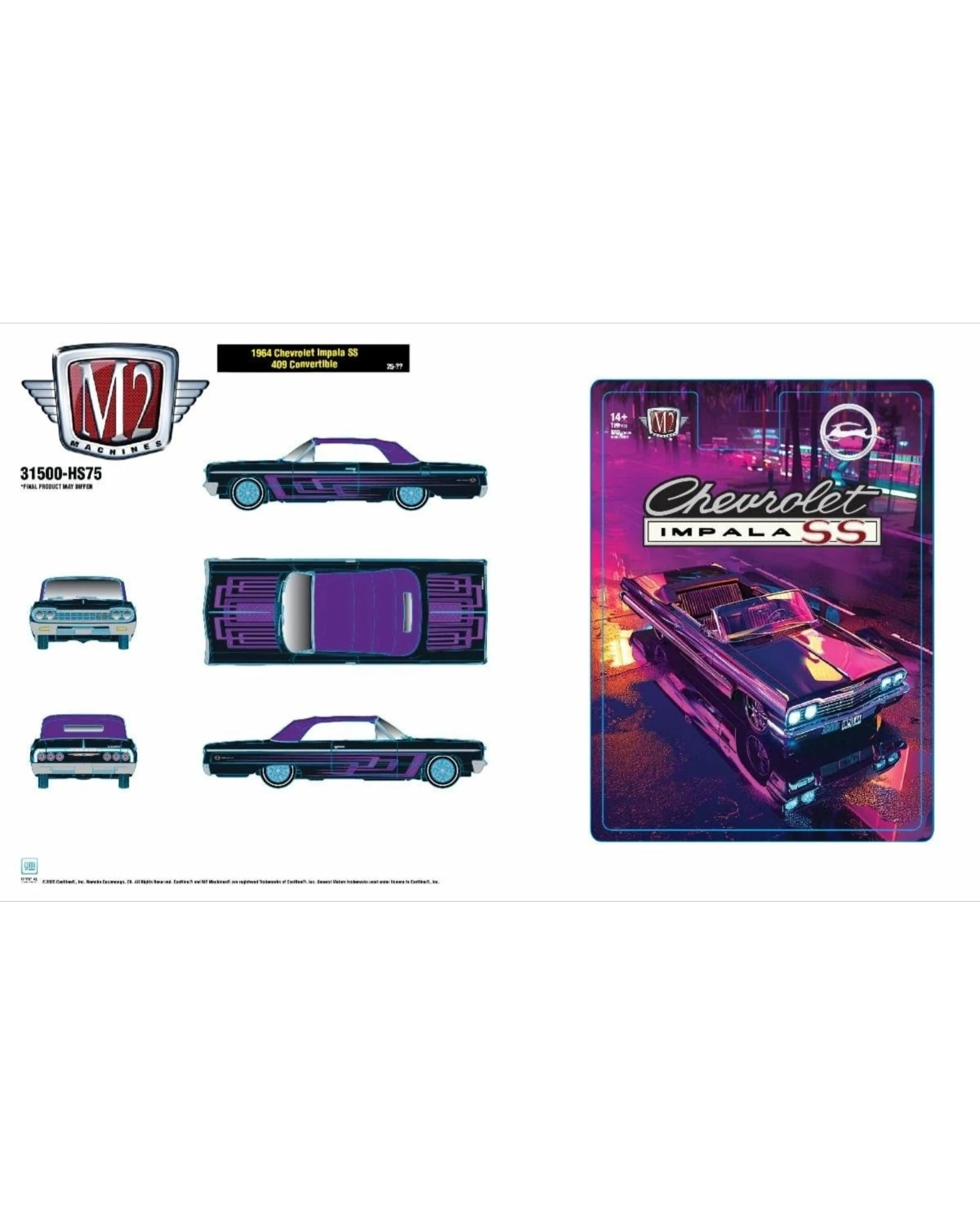 More Than Diecast 1964 Chevy Impala SS 409 convertible 1:64 scale model in black and purple with chrome details.