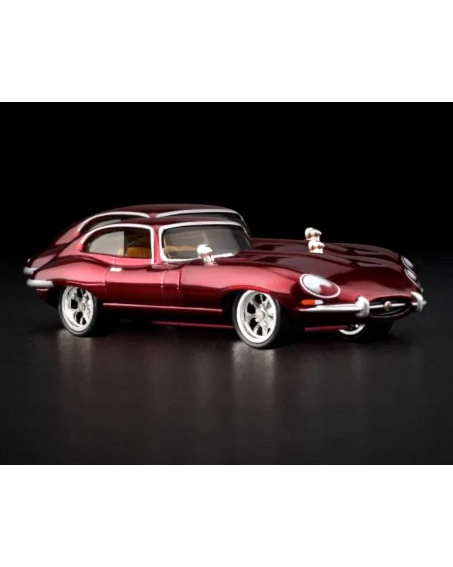 More Than Diecast 1964 Jaguar E Type RLC diecast car in metallic red with chrome accents and silver wheels.