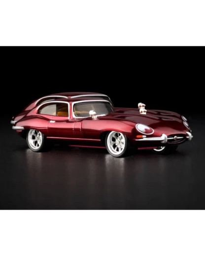 More Than Diecast 1964 Jaguar E Type RLC diecast car in metallic red with chrome accents and silver wheels.