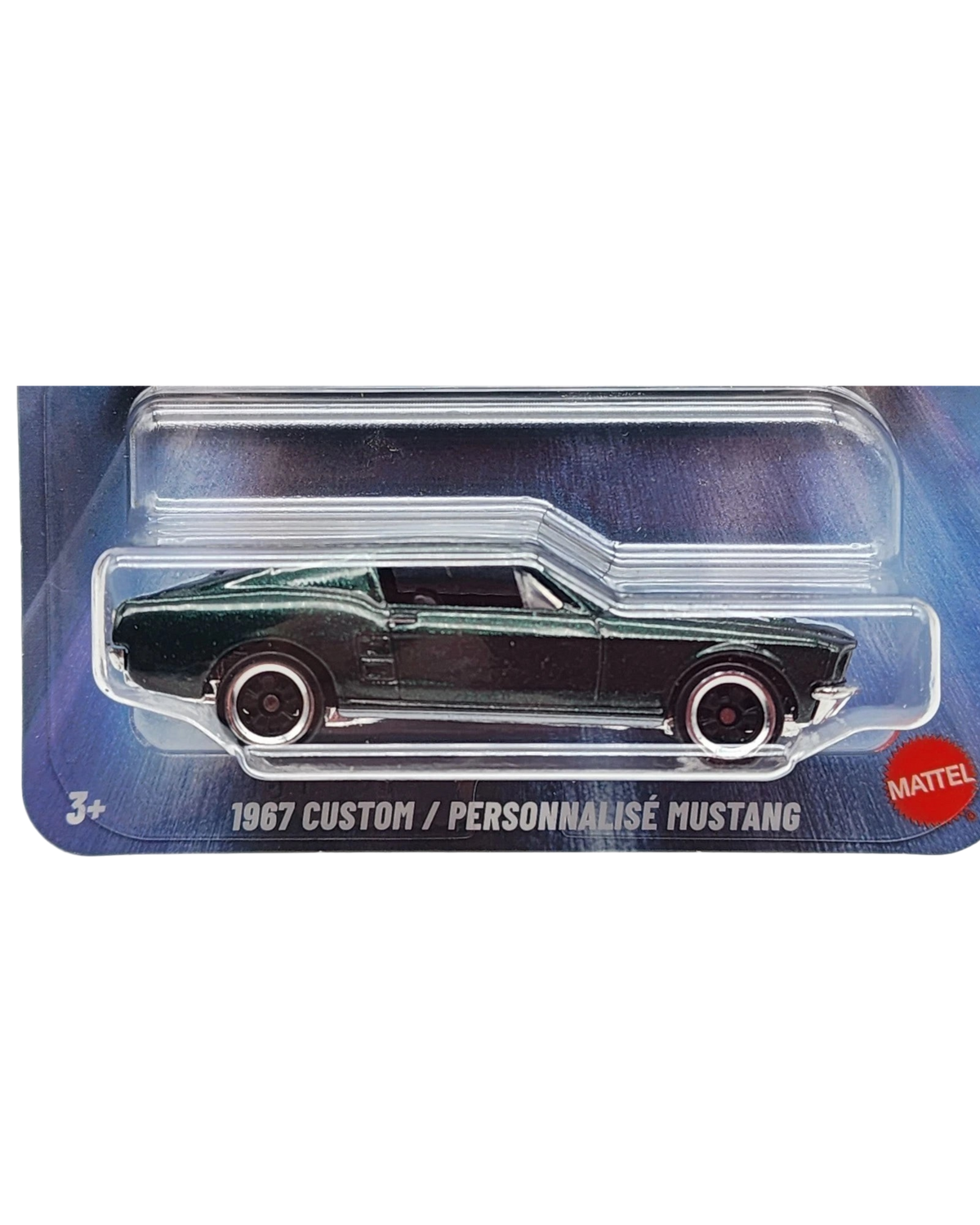 More Than Diecast Hot Wheels 1967 Custom Mustang die-cast car in dark green with a fastback silhouette