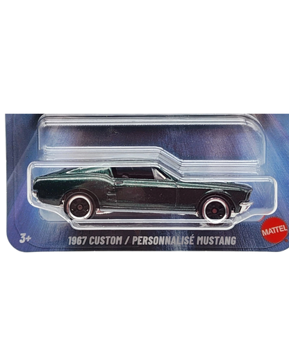 More Than Diecast Hot Wheels 1967 Custom Mustang die-cast car in dark green with a fastback silhouette