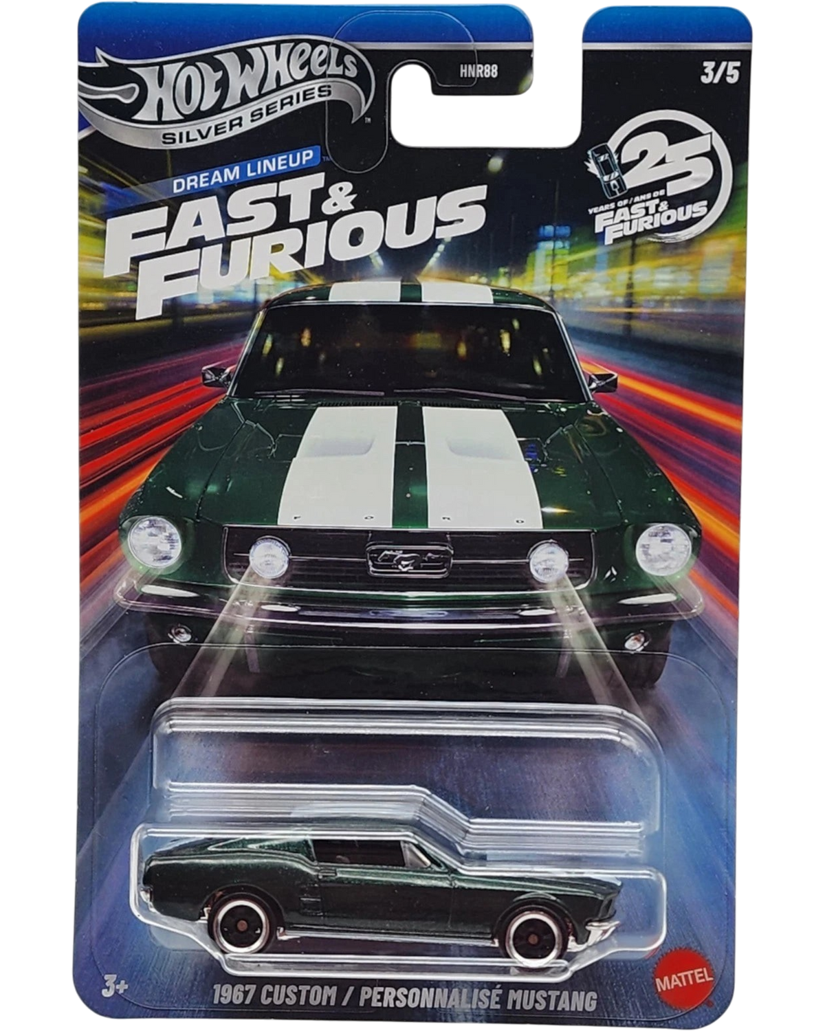More Than Diecast Hot Wheels 1967 Custom Mustang die-cast car in green with white stripes from Fast & Furious series