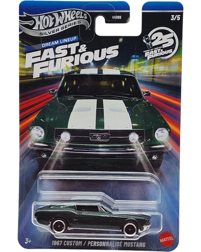 More Than Diecast Hot Wheels 1967 Custom Mustang die-cast car in green with white stripes from Fast & Furious series