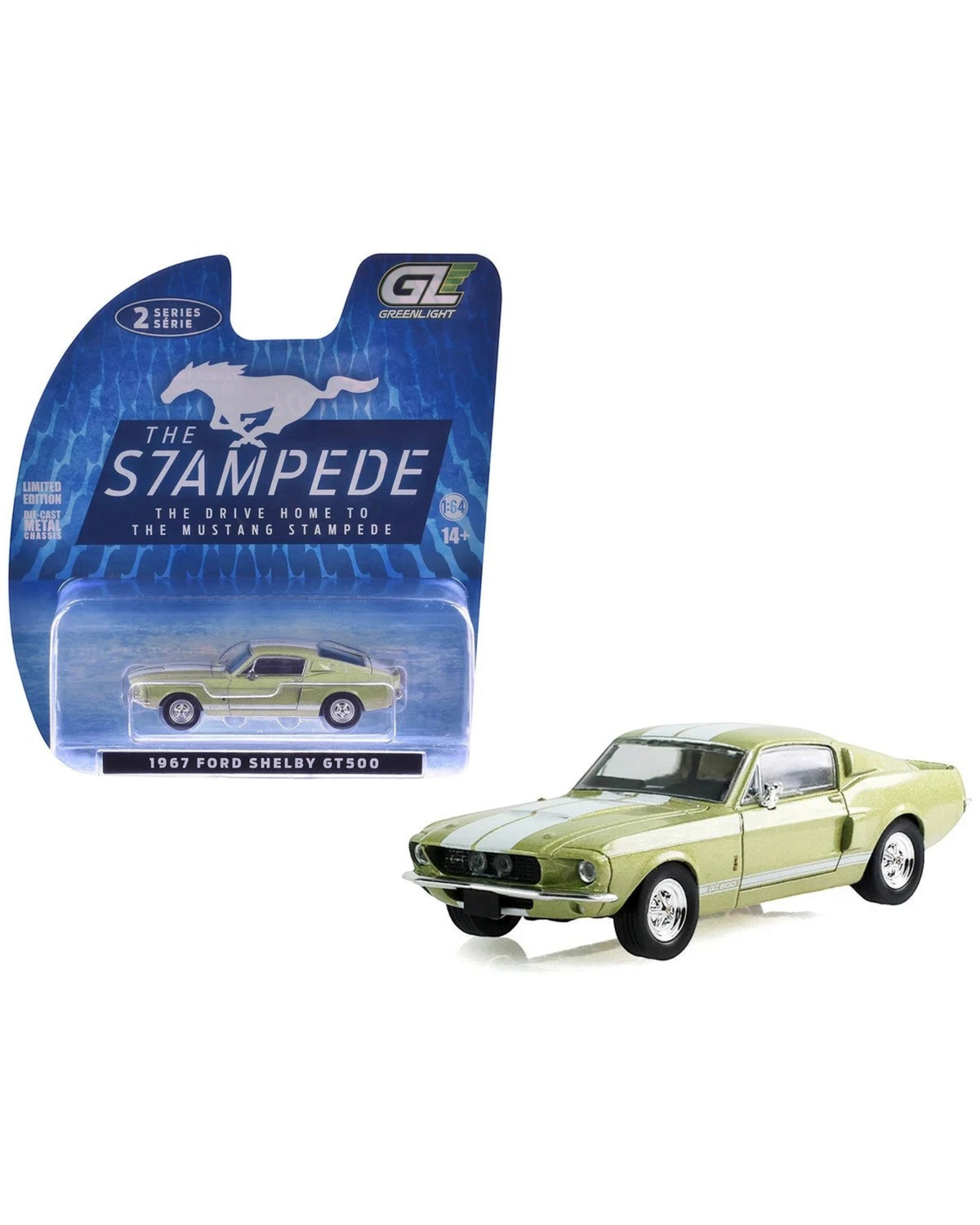 More Than Diecast 1967 Ford Shelby GT500 model car in lime gold metallic with white racing stripes